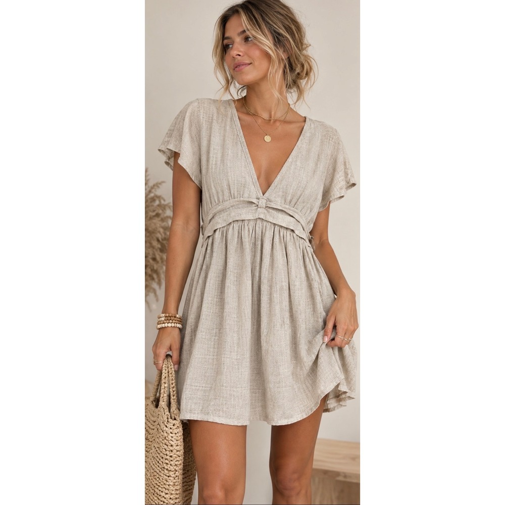 The Native One Oatmeal Linen Blend Boho Babydoll Mini Dress Medium FD42062